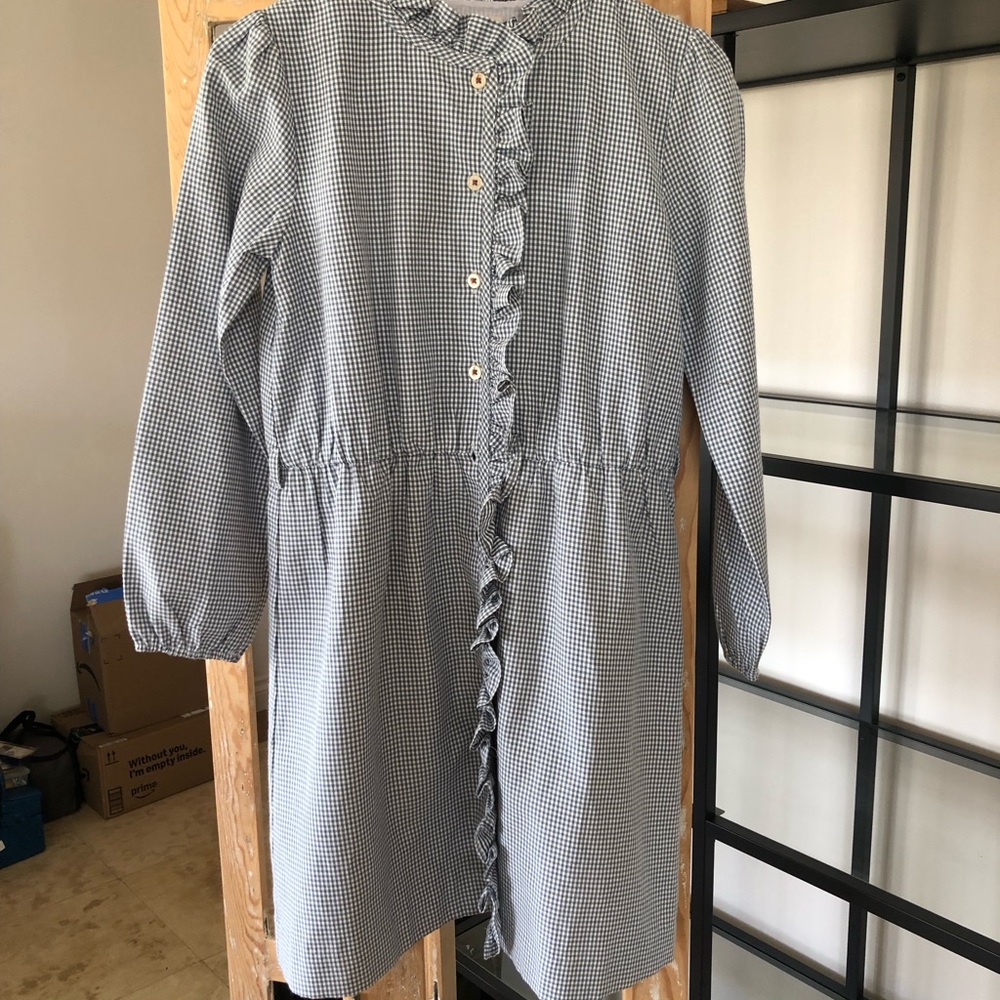 Olive Juice Gingham Ruffle Front Button Dress Coat - Blue & White